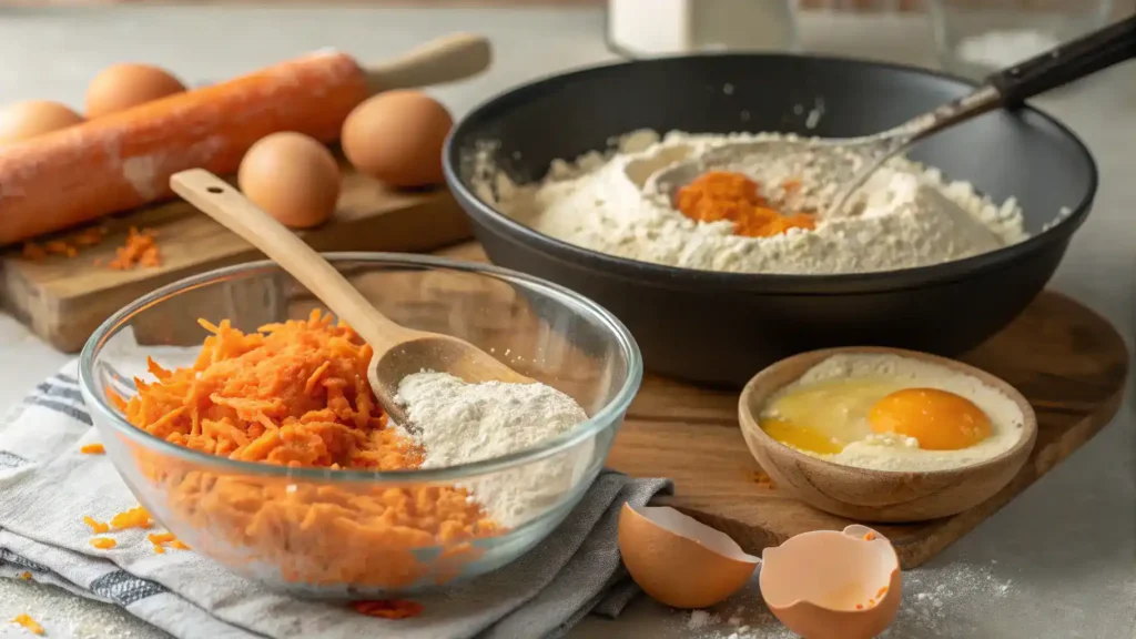 A step-by-step process of making Carrot Fritters, showcasing ingredients and cooking equipment.