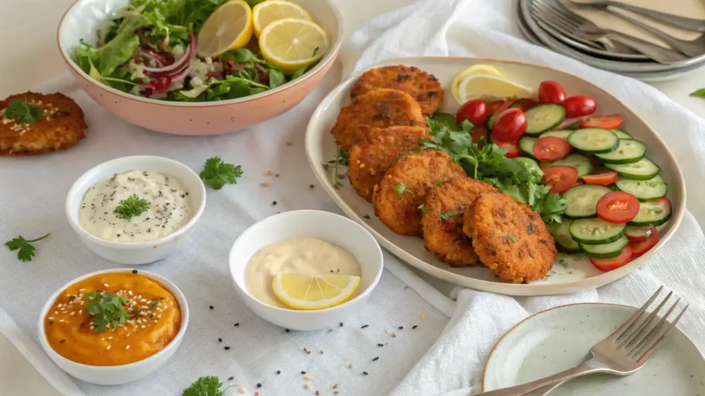 Different serving ideas for Carrot Fritters displayed on a dining table.