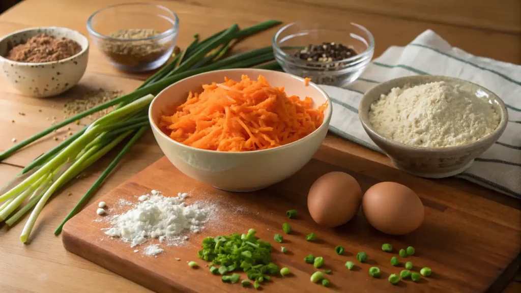 Ingredients for making Carrot Fritters displayed on a kitchen counter.