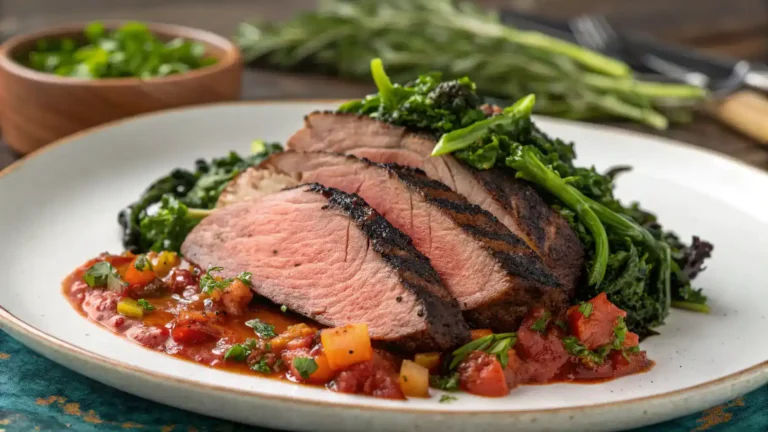 A beautifully plated Ultimate Smoked Brisket with Charred Greens and Salsa Rossa, garnished with herbs.