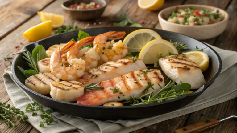 A vibrant seafood platter with grilled shrimp, scallops, and fish fillets, garnished with herbs and lemon.