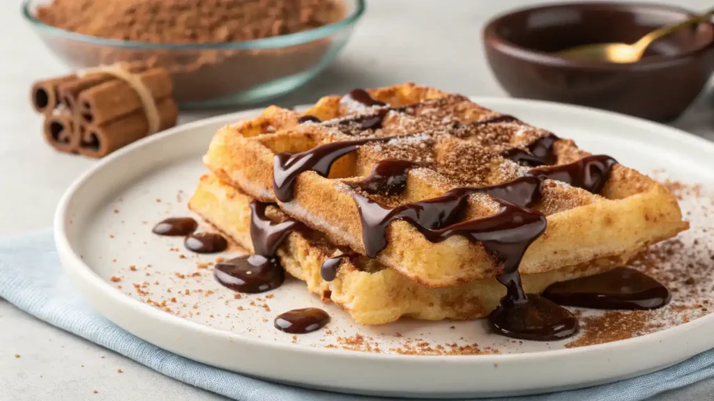Delicious churro waffle topped with chocolate sauce and cinnamon sugar.