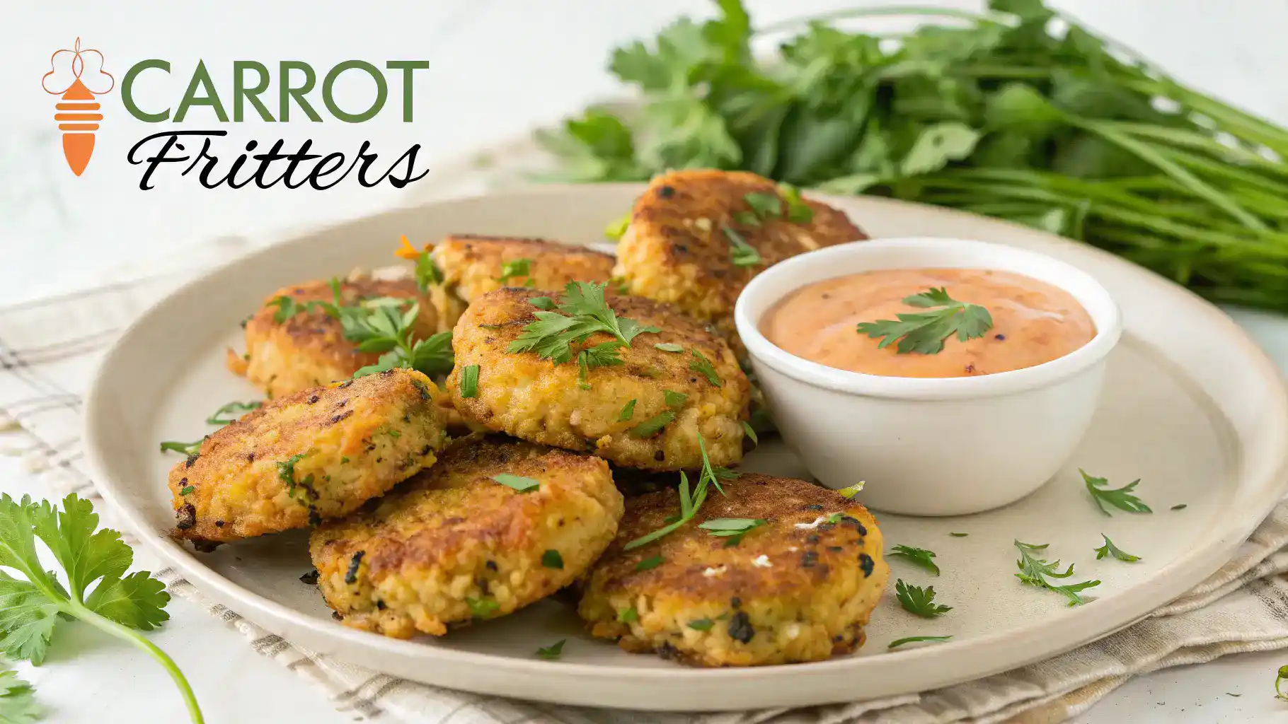 A plate of delicious Carrot Fritters served with a dipping sauce.