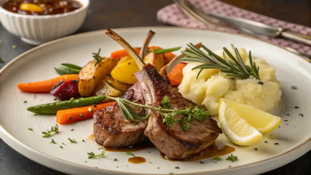 Plated lamb cutlets with sides and garnishes.