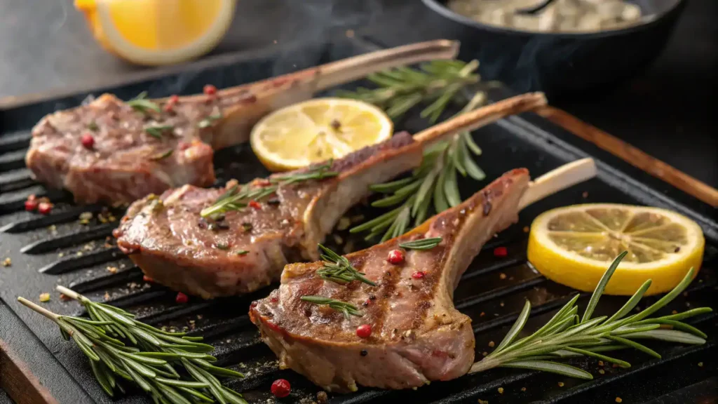 Marinated lamb cutlets grilling on a barbecue with herbs and lemon.