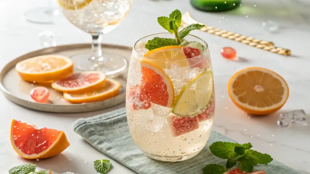 A beautifully garnished hard seltzer mocktail ready to be served.