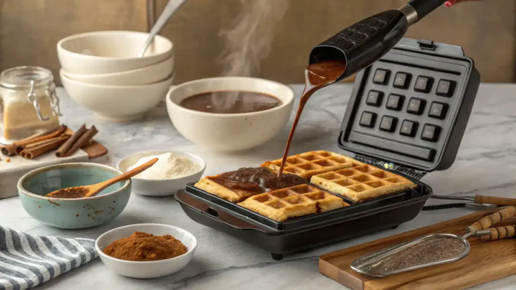 Step-by-step process of making churro waffles with ingredients and waffle iron.
