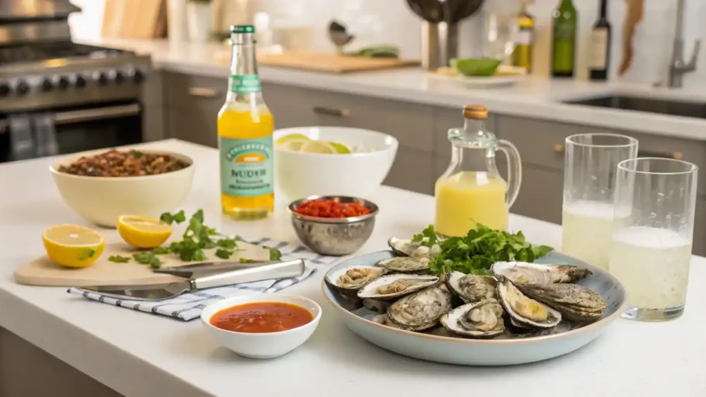 Step-by-step process of making Oyster Shooters with fresh ingredients.