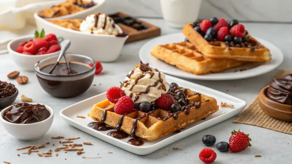 Serving suggestions for churro waffles with various toppings.