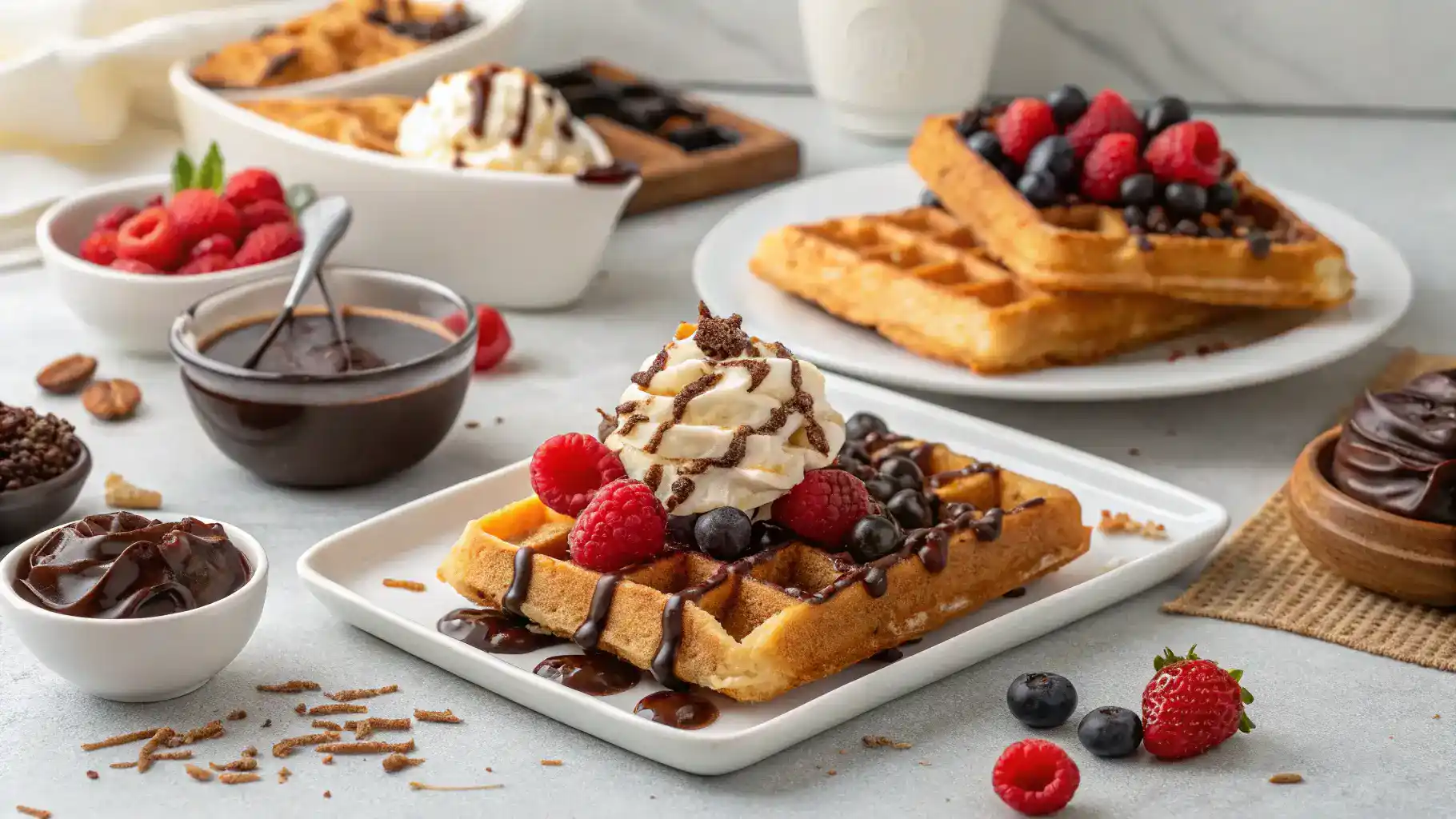Serving suggestions for churro waffles with various toppings.