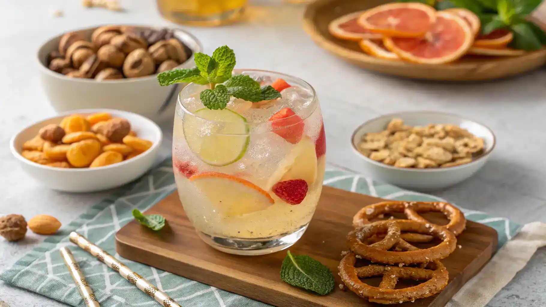 A hard seltzer mocktail served with garnishes and snacks.