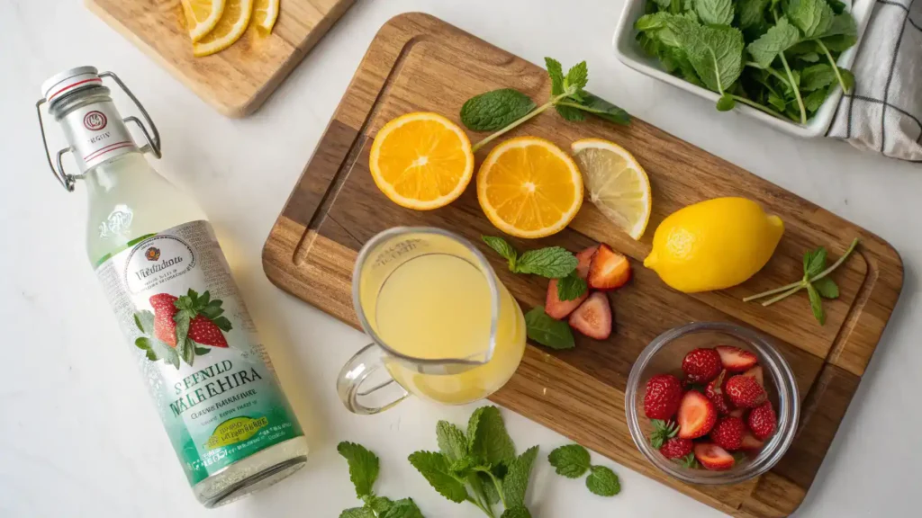 Ingredients for a hard seltzer mocktail including sparkling water, fresh fruits, and herbs.