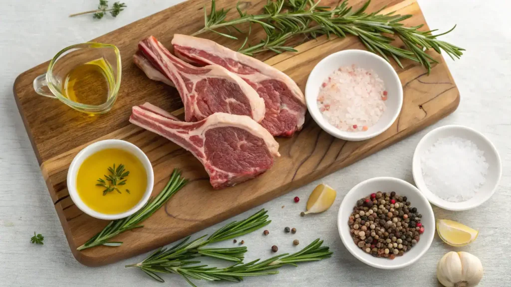 Ingredients for lamb cutlets including lamb, olive oil, garlic, and herbs.