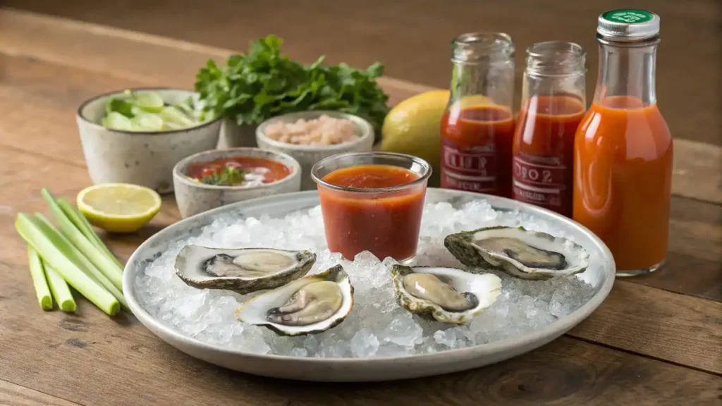 Ingredients for making Oyster Shooters displayed on a wooden table.