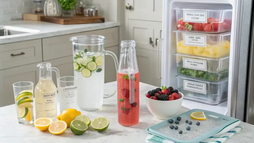 Storage tips for hard seltzer mocktails with containers and ingredients.