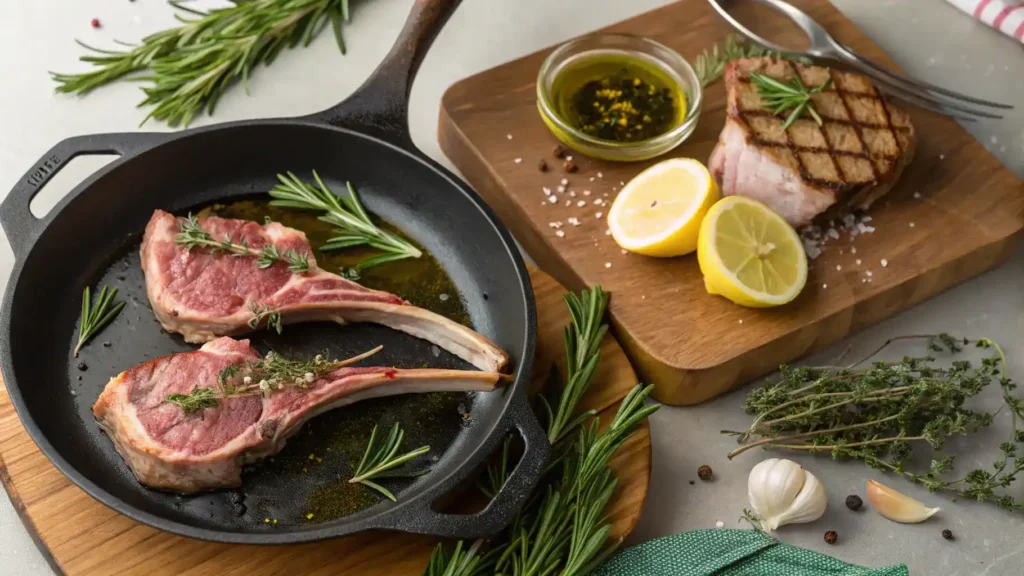 Chef's tips for cooking lamb cutlets with herbs and skillet.