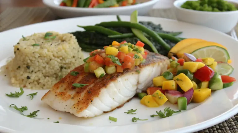 Plate of red grouper tavern garnished with mango salsa and fresh herbs.