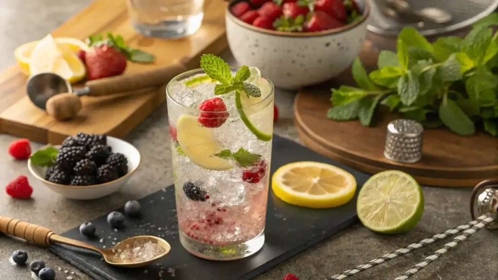 A refreshing hard seltzer mocktail being prepared with fresh fruits and herbs.