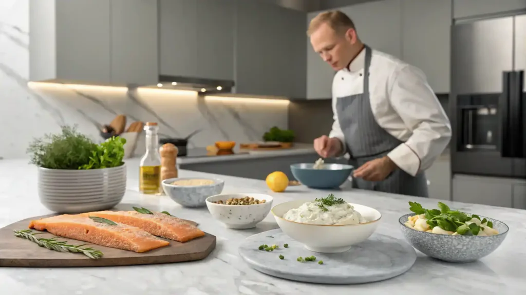 A chef preparing Smoked Trout Dip in a modern kitchen.