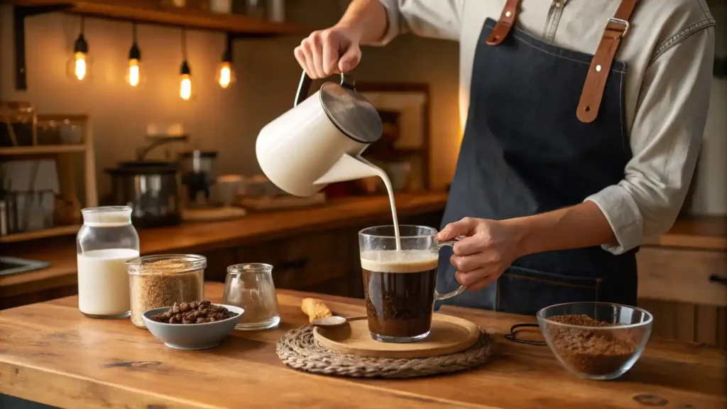 A cup of Miso-Spiked Coffee surrounded by ingredients like miso paste and coffee beans.
