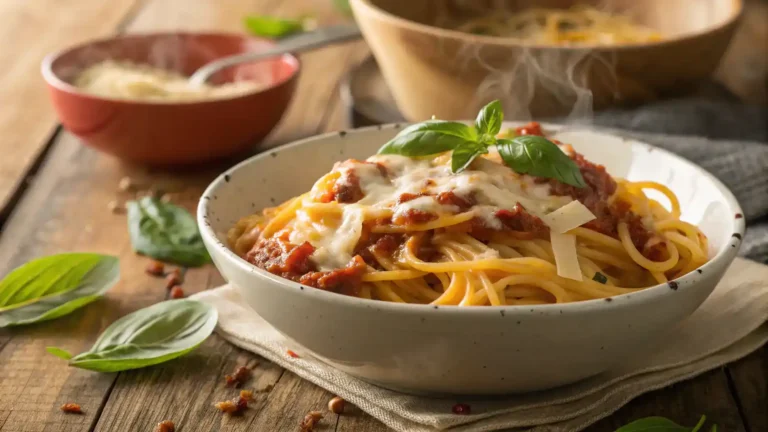 A bowl of Bigroni topped with cheese and basil, ready to be served.