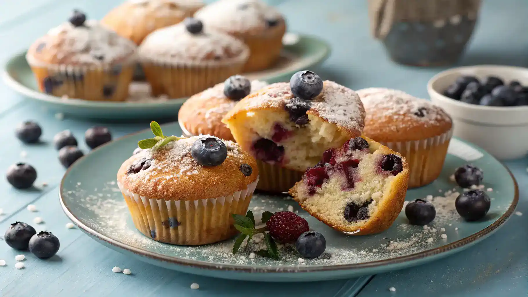 A plate of fluffy blueberry muffins garnished with fresh blueberries.