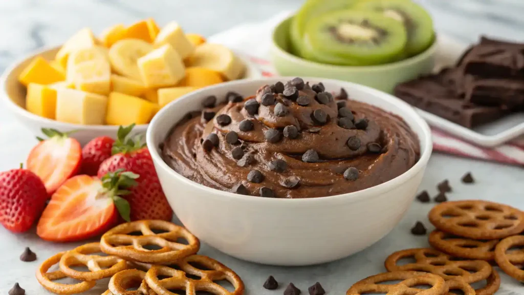 A bowl of brownie batter dip garnished with chocolate chips and served with various dippers.