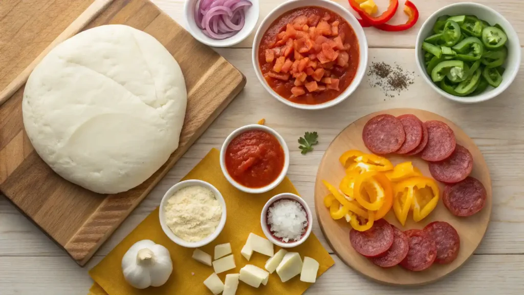 Ingredients for calzone including dough, cheeses, and vegetables arranged on a wooden table.