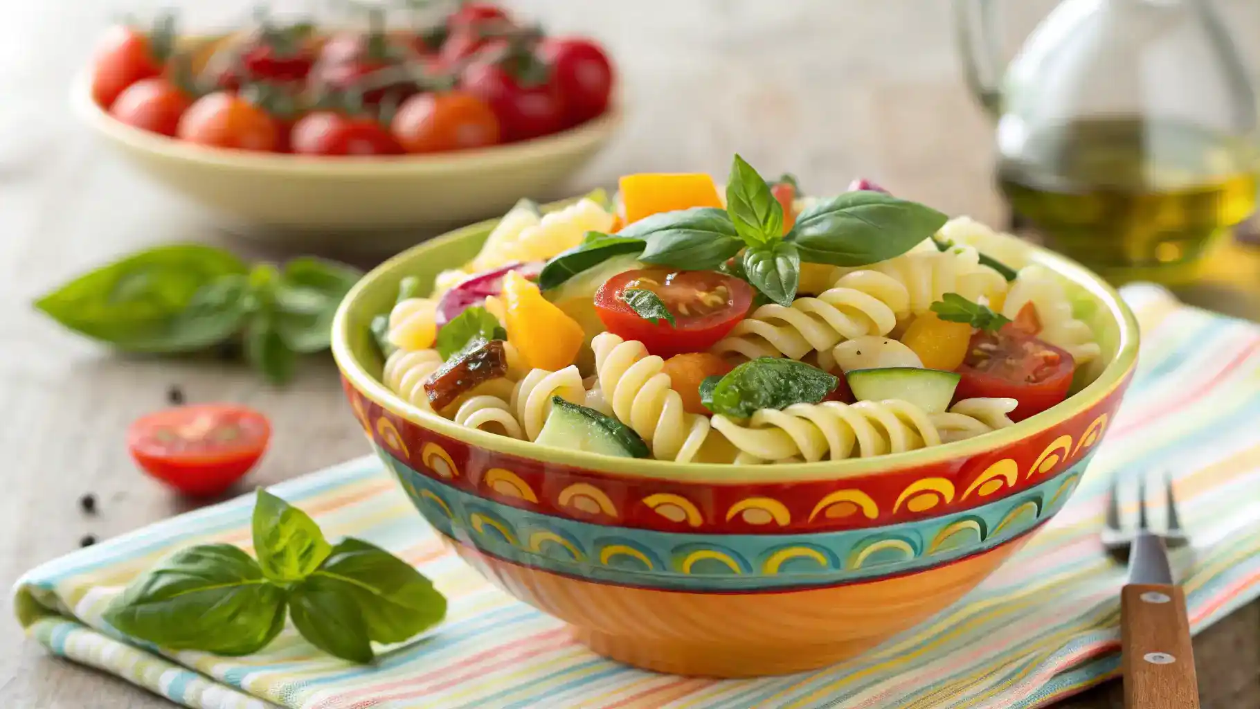 A beautifully plated Cold Italian Pasta Salad garnished with fresh basil and served in a vibrant bowl.
