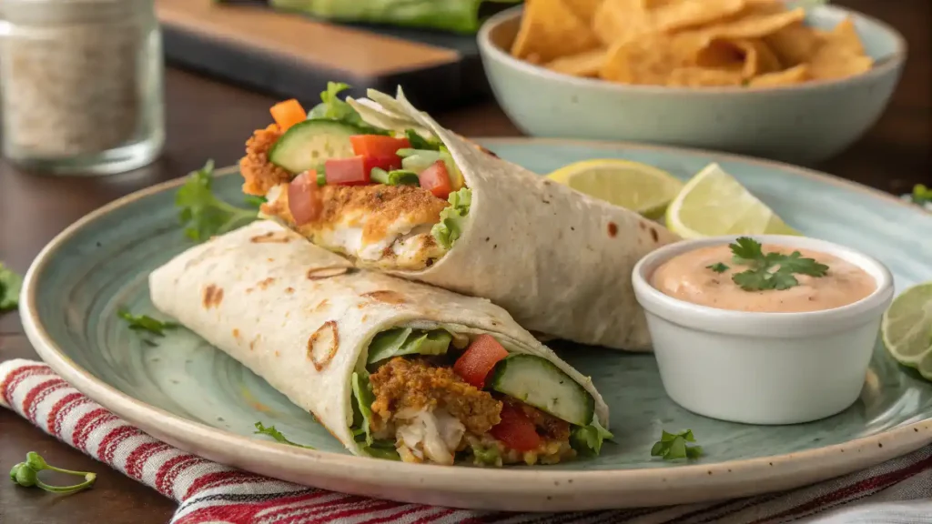 A delicious crispy chicken wrap served with fresh vegetables and dipping sauce.