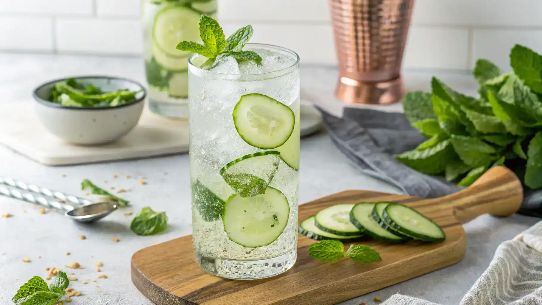 A refreshing Cucumber Mint Vodka Spritz served in a tall glass.