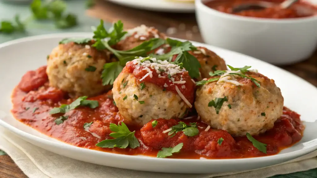 A plate of Amylu chicken meatballs served with marinara sauce and garnished with fresh parsley.