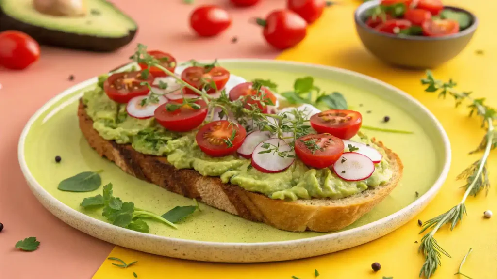 A beautifully plated avocado toast topped with fresh ingredients.