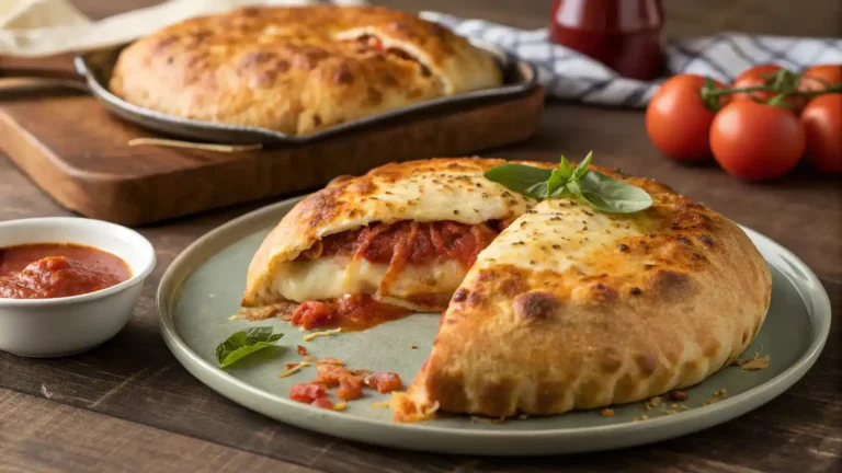 A freshly baked calzone on a plate with marinara sauce for dipping.