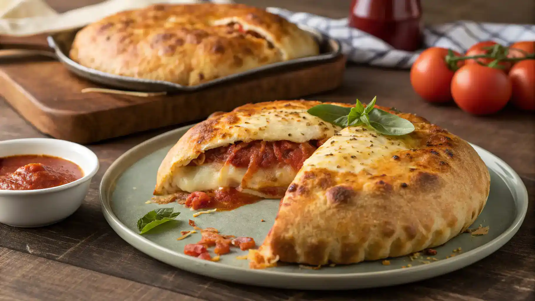 A freshly baked calzone on a plate with marinara sauce for dipping.