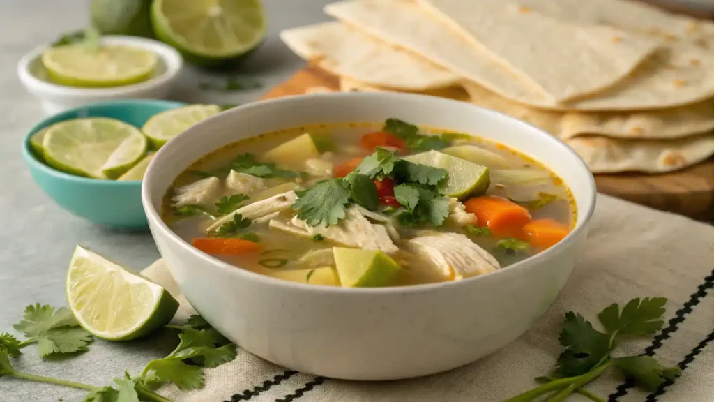 A bowl of caldo de pollo garnished with cilantro and lime, served with tortillas.