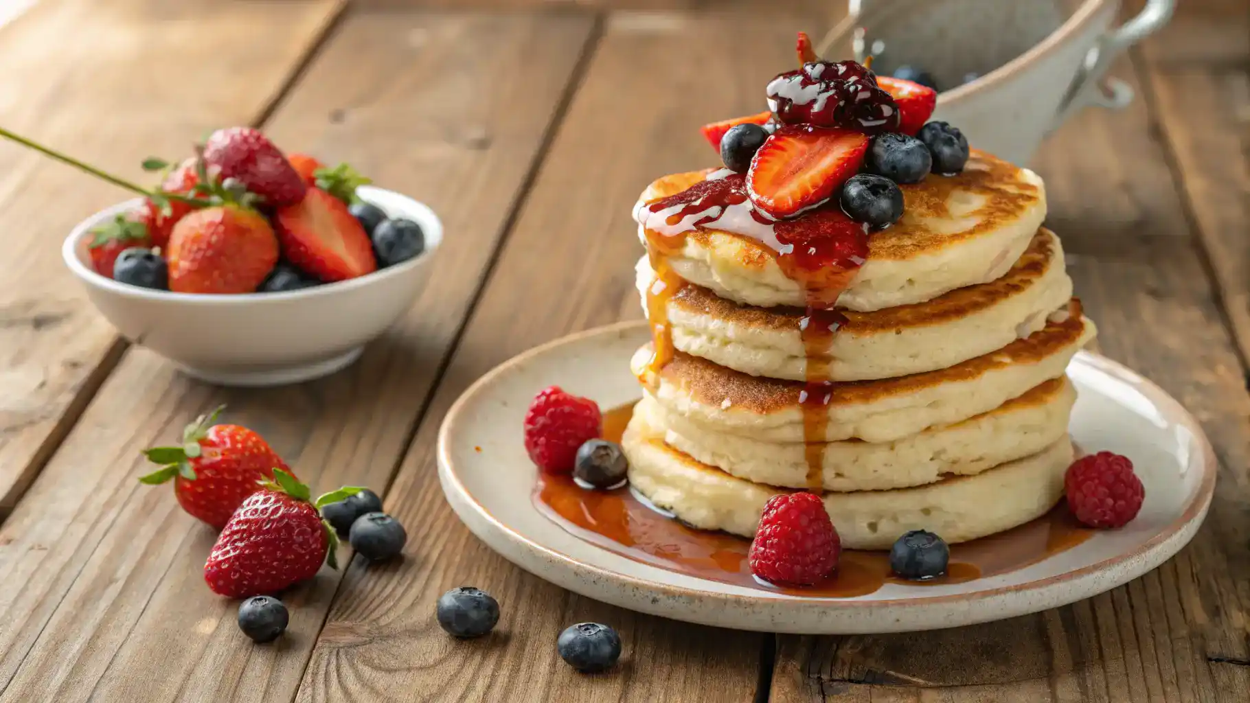 A stack of fluffy cottage cheese pancakes topped with fresh berries and syrup.