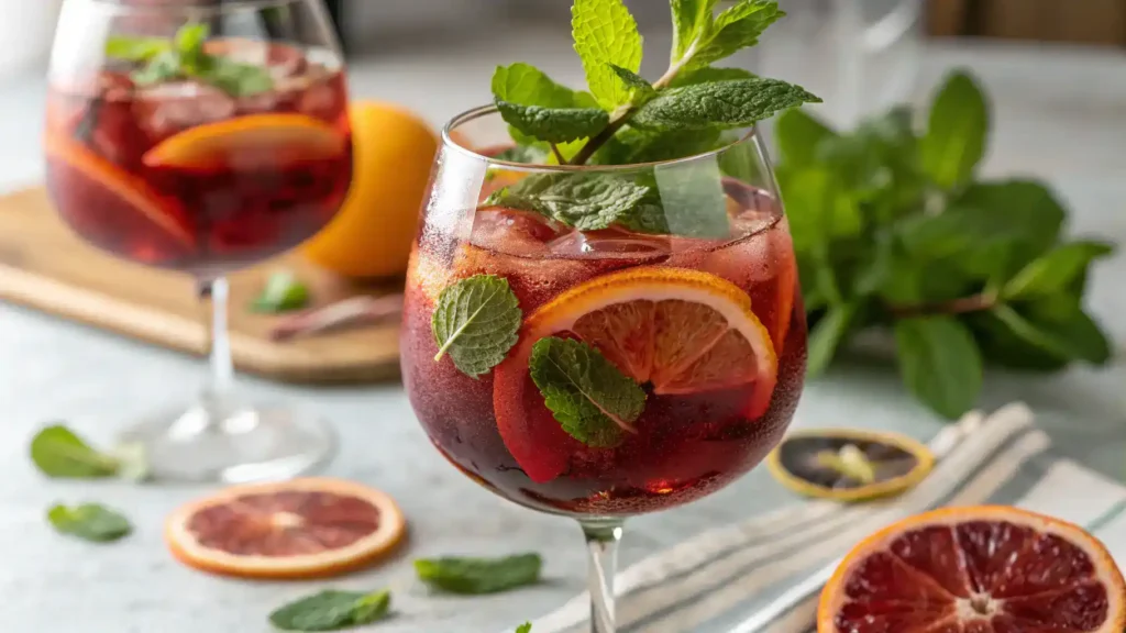 A glass of House Wine garnished with mint and citrus slices.
