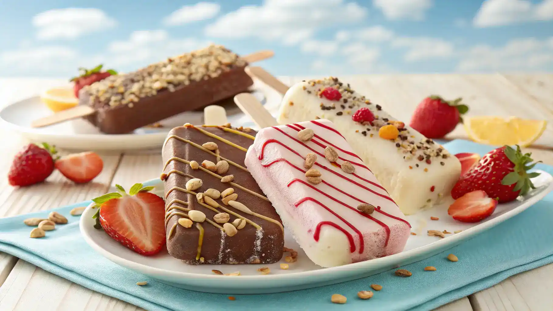 Colorful and delicious ice cream bars with various toppings displayed outdoors.