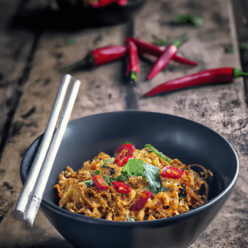 A bowl of kung fu noodles garnished with herbs and chili flakes.