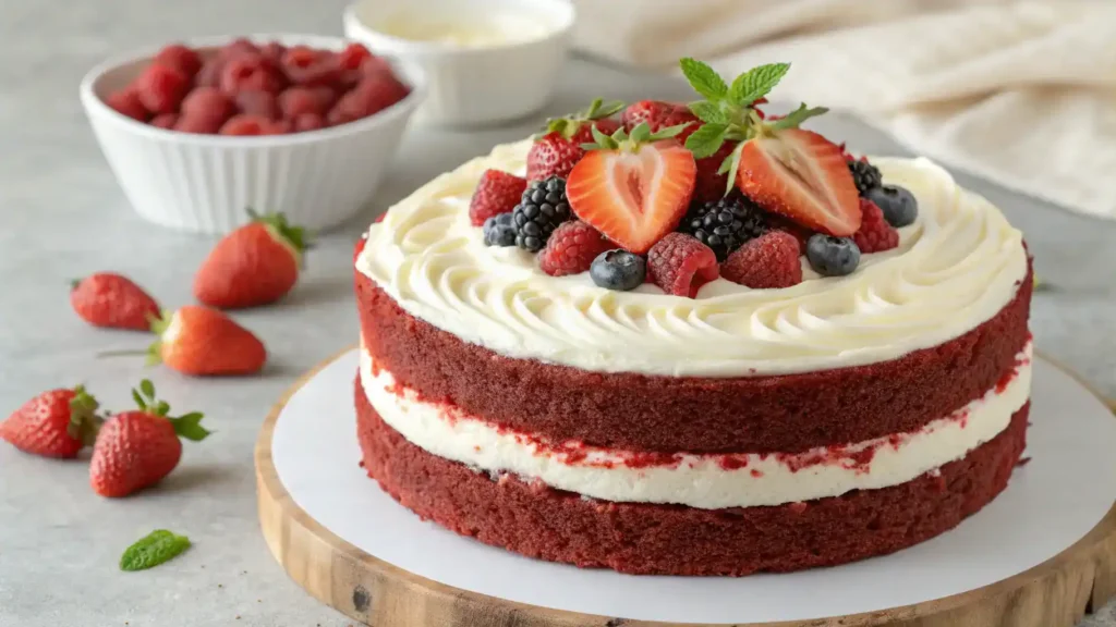 A stunning red velvet cake topped with cream cheese frosting and fresh berries, ready to be served.