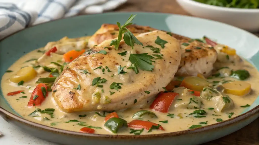 A delicious plate of Skillet Creamy Chicken garnished with fresh herbs.