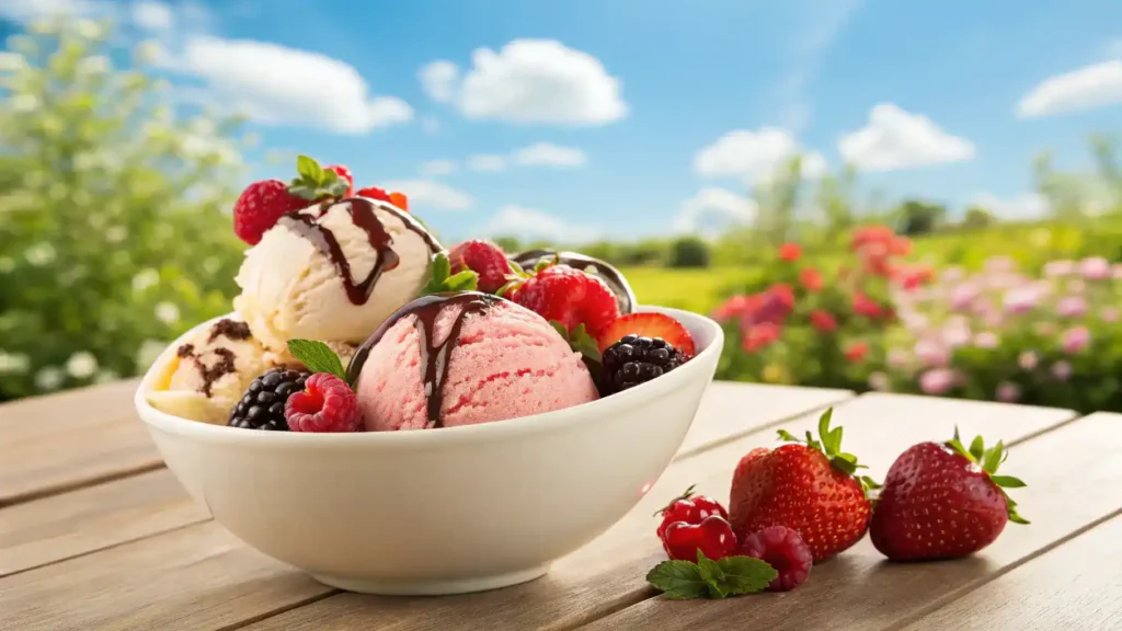 A delicious bowl of small batch ice cream topped with fresh berries and chocolate sauce.