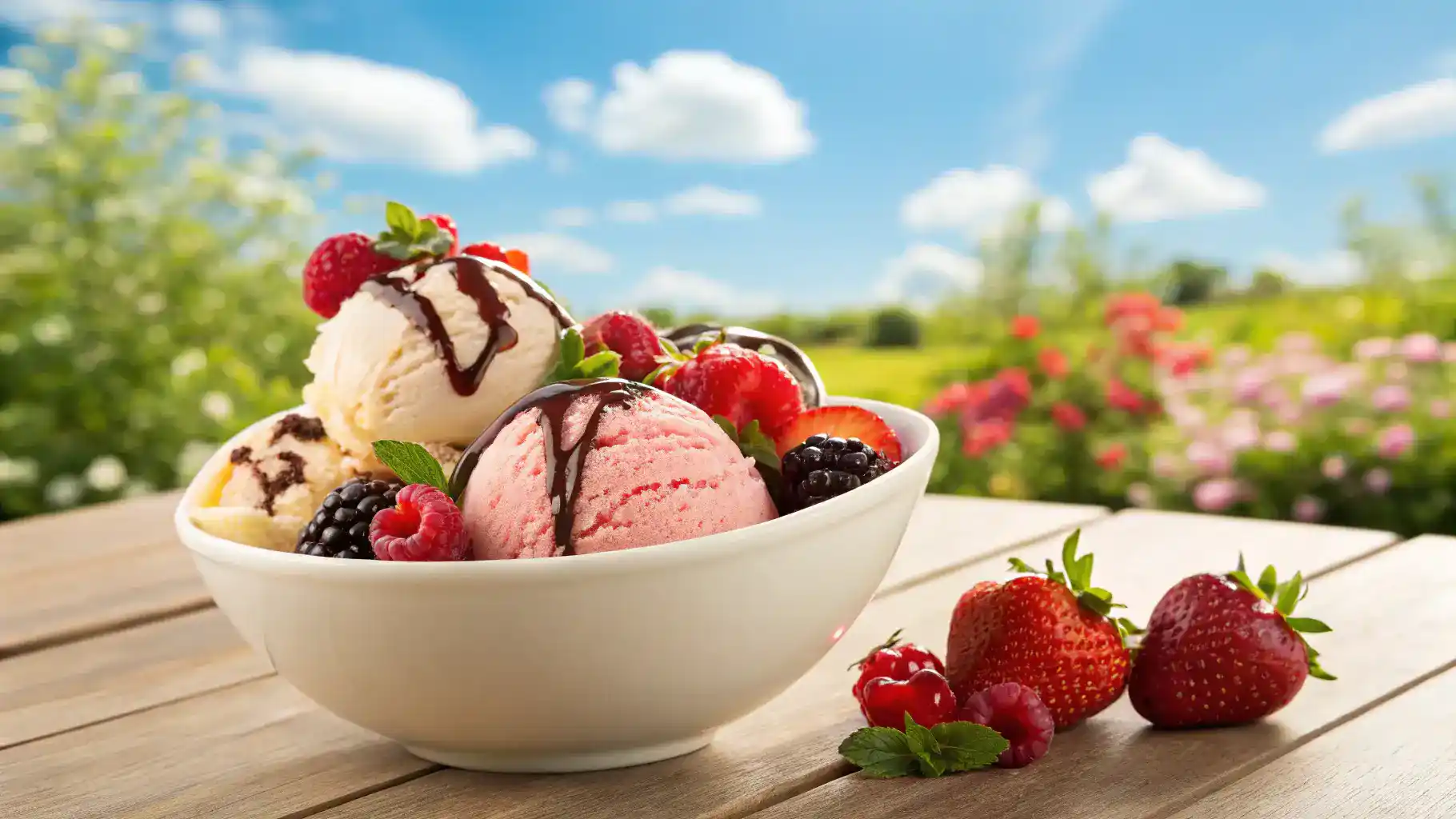 A delicious bowl of small batch ice cream topped with fresh berries and chocolate sauce.