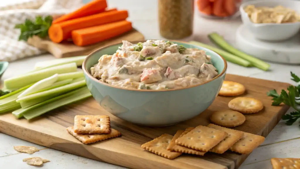 A bowl of creamy Smoked Trout Dip garnished with fresh dill, surrounded by crackers and vegetable sticks.