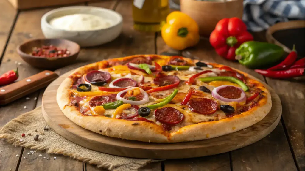 A freshly baked Spicy Chorizo Pizza with melted cheese, chorizo, and colorful vegetables on a wooden table.