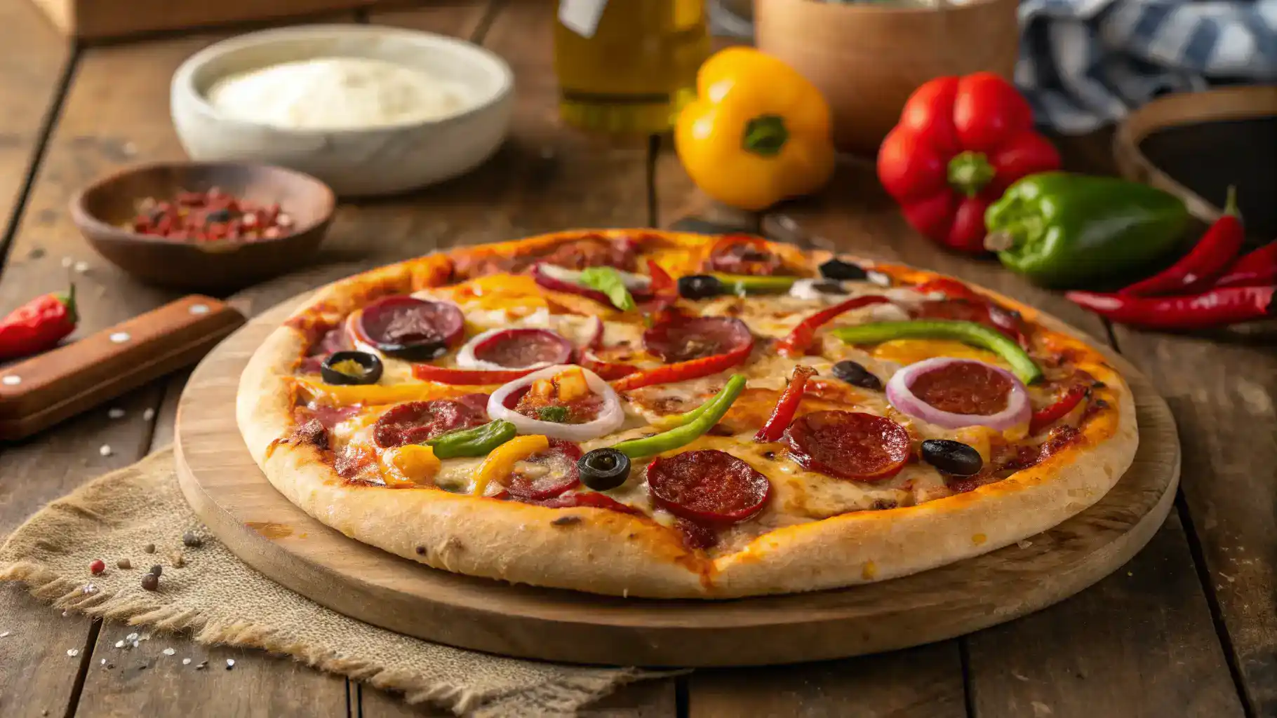 A freshly baked Spicy Chorizo Pizza with melted cheese, chorizo, and colorful vegetables on a wooden table.
