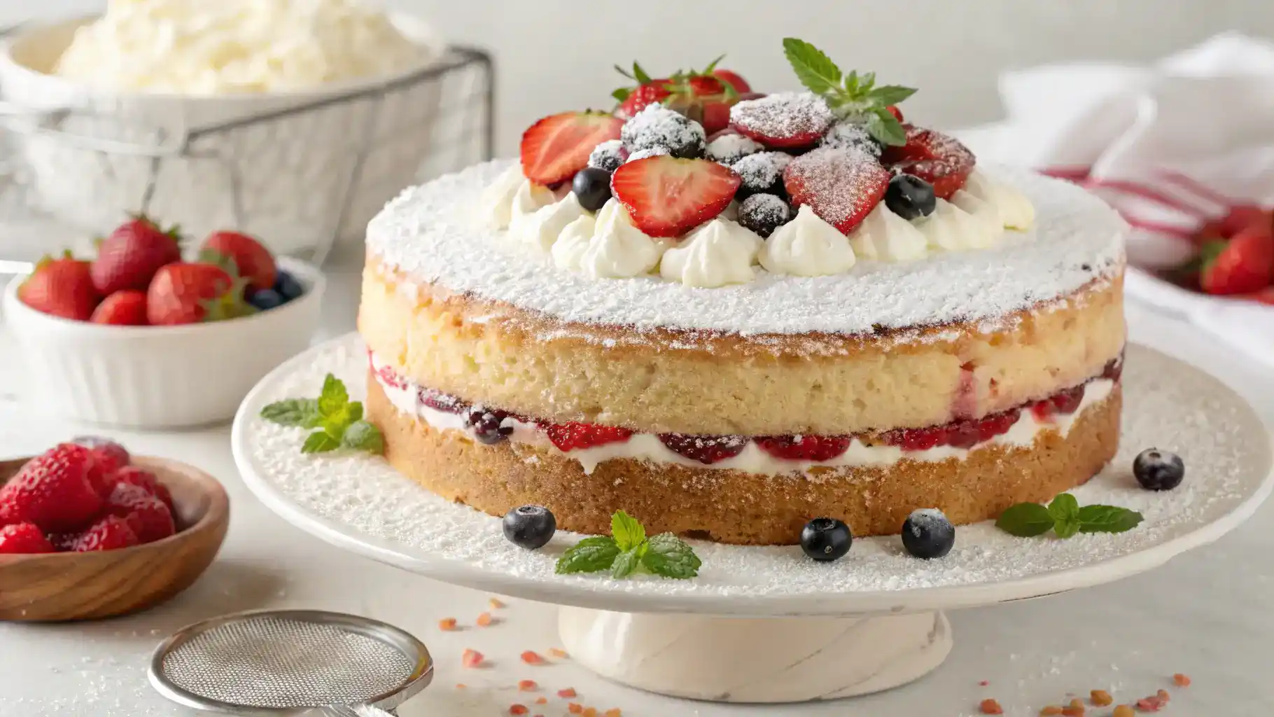A beautifully decorated tres leches cake with whipped cream and fresh fruit.