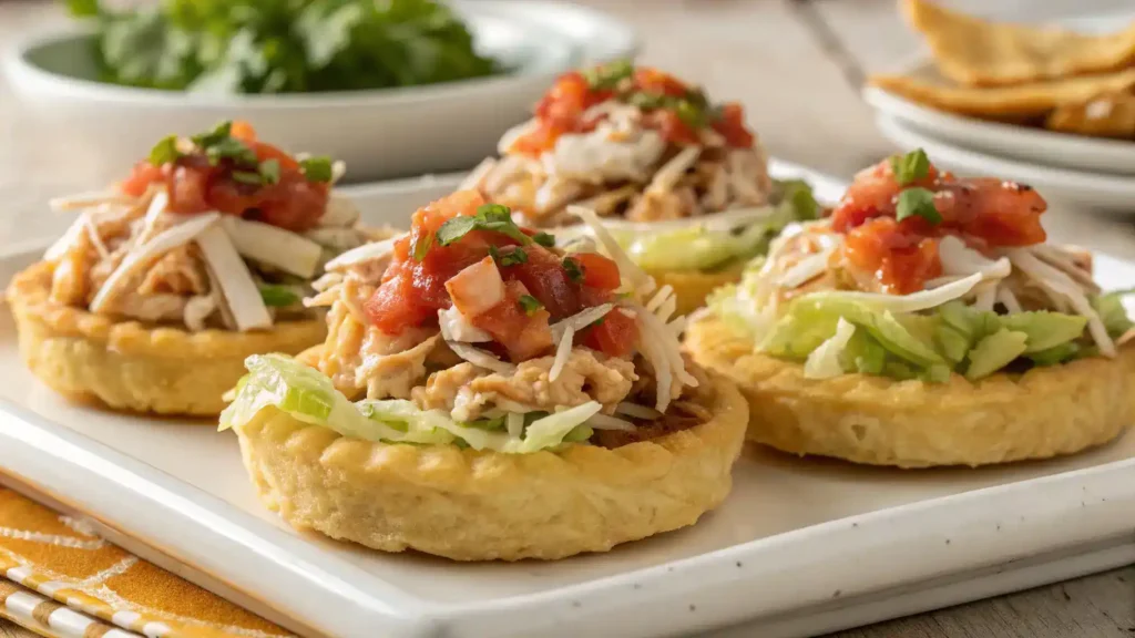 A beautifully plated dish of sopes with colorful toppings.