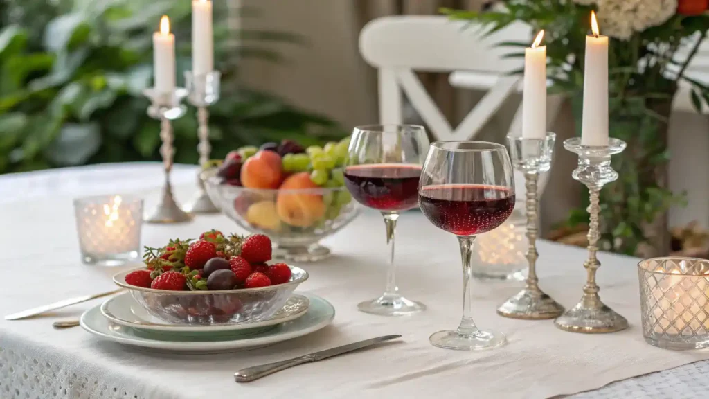 A beautifully set table with House Wine and fresh fruits.
